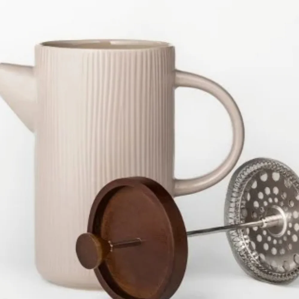 Project 62 Ribbed Ceramic Teapot in Brown with Wooden Knob